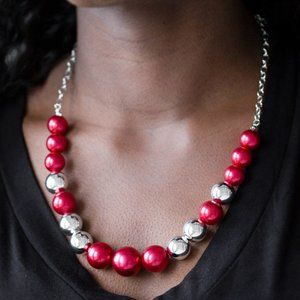 NWT Take Note red and silver pearl necklace set